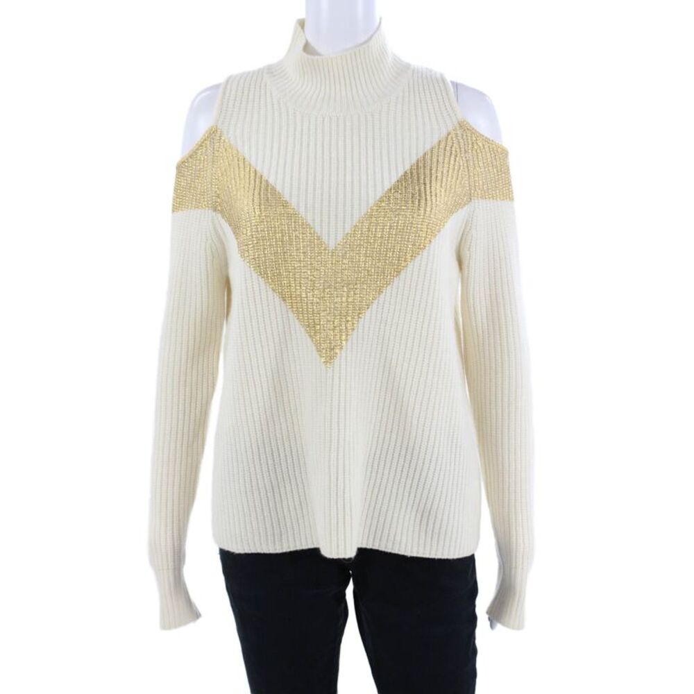 Zoe Jordan Womens Sweater White Merino Wool Mock Neck Geometric Size XS